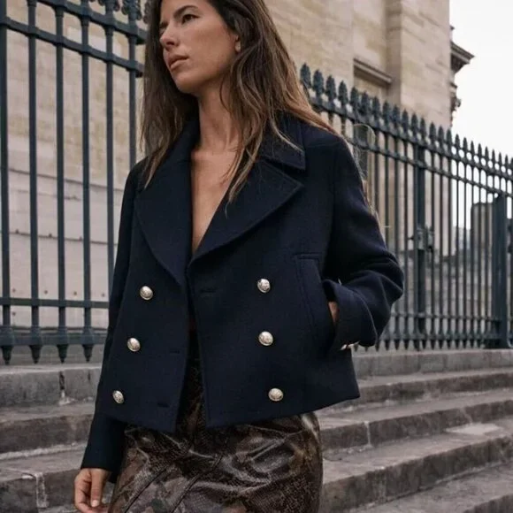 ZARA CROPPED WOOL BLEND DOUBLE BREASTED COAT - Picture 8 of 9